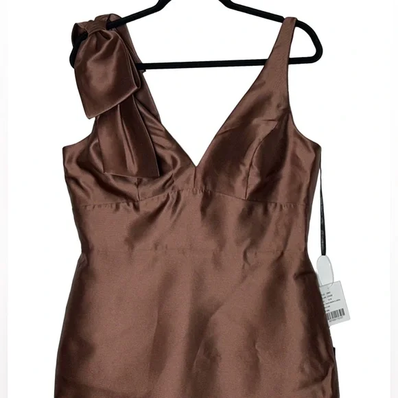 NWT Alfred Sung Deep V-Back Satin Trumpet Dress, One-Shoulder Bow in Cognac, 12R - Picture 6 of 16